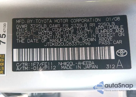 2008 Toyota Prius from USA, damaged, VIN JTDKB20U283370796